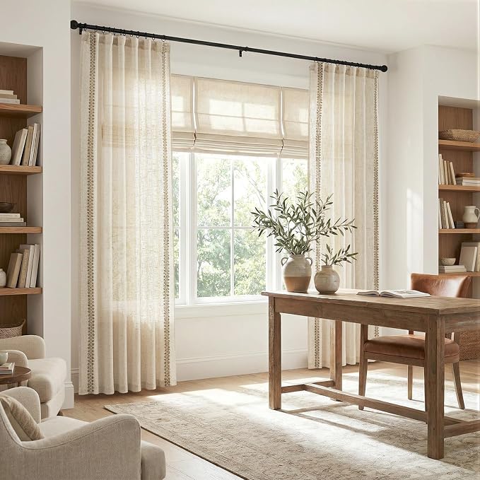 jinchan Beige Linen Blend Curtains with Woven Trim Boho Curtains 90 Inches Length 2 Panels for Living Room Bedroom Light Filtering 50 Inches Wide Rustic Farmhouse Drapes with Rod Pocket Back Tab Ecru