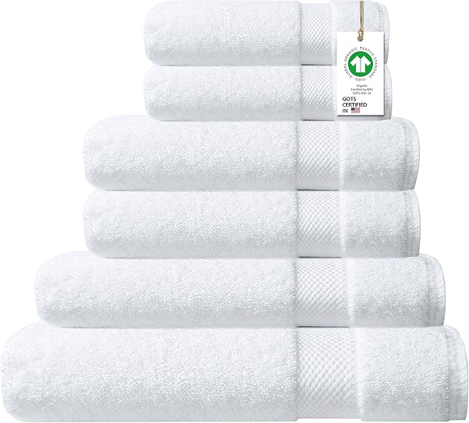 100% Organic Cotton Towels 650 GSM Plush Feather Touch Quick Dry Towel, 6-Piece Towel Set GOTS Certified, Oeko-Tex Green Certified, 1 Bath Towel, 1 Bath Sheet, 2 Hand Towels & 2 Wash Cloths