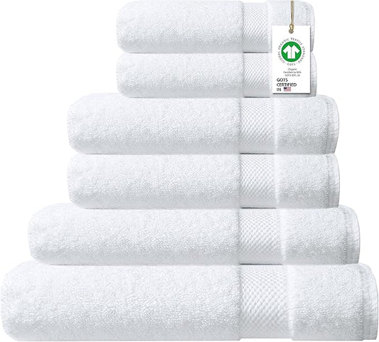 100% Organic Cotton Towels 650 GSM Plush Feather Touch Quick Dry Towel, 6-Piece Towel Set GOTS Certified, Oeko-Tex Green Certified, 1 Bath Towel, 1 Bath Sheet, 2 Hand Towels & 2 Wash Cloths