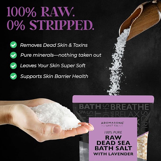Aromasong Pure Raw Dead Sea Salt for Soaking with 100% Natural Lavender, 2.43 LB - Spa Bath Salt Fine Grain - Body Wash Scrub - Soak for Women & Men- Bulk Resealable Pack