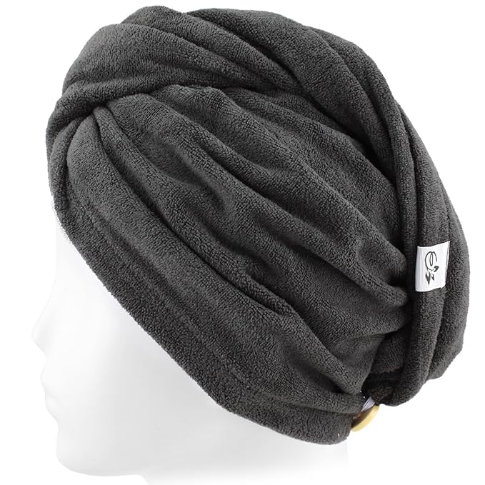Evolatree Microfiber Hair Towel Wrap for Women – Quick-Dry Anti-Frizz Hair Turban with Wooden Button, Designed in Canada for Mindful Hair Care – Raven Dark Gray