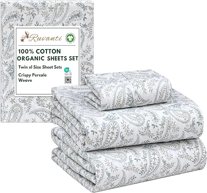 RUVANTI 100% Cotton Organic Percale Sheets Twin XL Size – Crisp Cooling Bed Sheets for Hot Sleepers, Deep Pocket 15”, Soft Peach Finish, Breathable & Durable Hotel-Style 3 Pcs, Ornate Oasis
