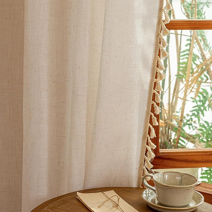 MYSKY HOME 90 Inch Boho Cream Semi Sheer Curtains Light Filtering Back Tab Drapes for Living Room Sliding Door & Patio Privacy Protect Farmhouse Country Decor, 50" W×90" L, Natural, 2 Panels
