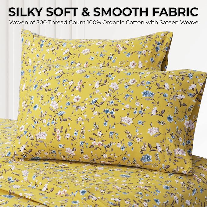 AZORES HOME Twin XL Organic Cotton Sateen Sheet Set - Deep Pocket, 300 Thread Count, 3-Piece Luxury Bedding, Carolina Yellow