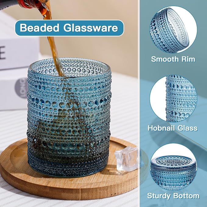 JOVGANK Blue Vintage Hobnail Drinking Glasses Set of 6, Embossed Water Tumbler 12oz, Kitchen & Bar Beaded Glass Cups, Beverage Glass Cups for Water, Beer, Juice, Housewarming Gifts for Party