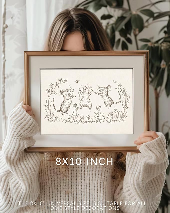Vodefoad Mouse Sketch Vintage Wall Art Retro Nursery Dancing Mice Art Print Neutral Cottagecore Nursery Decor Farmhouse Rustic Mice Wall Decor for Gallery Nursery Bedroom Bathroom Office - 8x10Inch Unframe