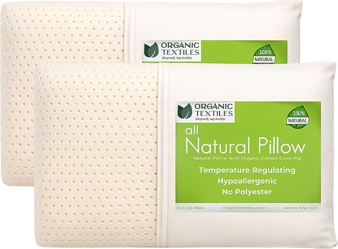 OrganicTextiles Natural Latex Pillows with Organic Cotton Cover GOTS Certified, Bed Pillow for Sleeping, Neck Pain Relief, Head Support, for Side Back Stomach Sleeper (Standard, Soft) - Pack of 2