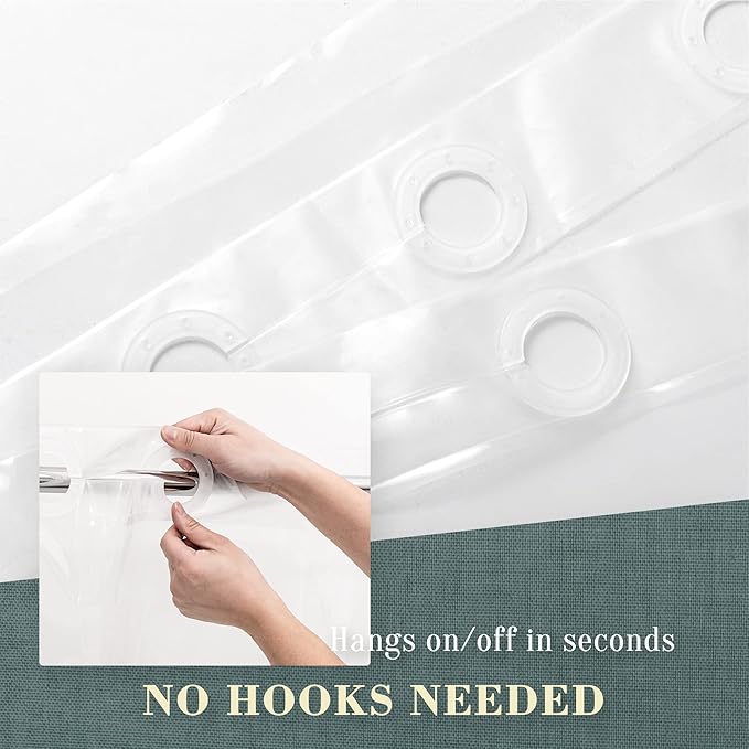 No Hook PEVA Shower Curtain or Liner - 8G Heavy Duty Clear Bathroom Shower Curtain No Hooks Required, Waterproof Plastic & PVC Free, Standard Size 71 x 74, Clear