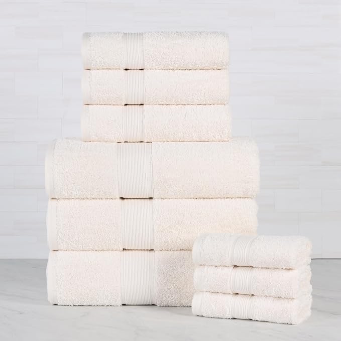 Superior 100% Organic Cotton 9-Piece Towel Set, Includes 3 Bath Towels, 3 Hand Towels, 3 Face Towels/Washcloth, Daily Use, Bathroom, Guest Bath, Absorbent, Home Essentials, Oregon Collection, Ivory