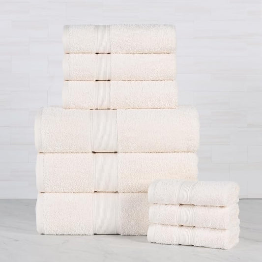 Superior 100% Organic Cotton 9-Piece Towel Set, Includes 3 Bath Towels, 3 Hand Towels, 3 Face Towels/Washcloth, Daily Use, Bathroom, Guest Bath, Absorbent, Home Essentials, Oregon Collection, Ivory