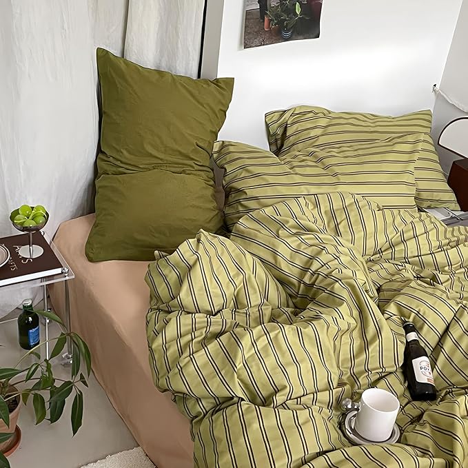 mixinni Vintage Stripes Duvet Cover Set King - 3-Piece Mid-Century Cotton Olive & Taupe Striped Bedding, Soft Breathable All-Season Comforter Cover with Zipper Closure & Corner Ties-King Size