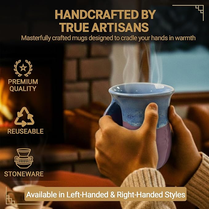 Clay in Motion Hand Warmer Coffee Mug – Handmade Coffee Mug With Comfortable Handle Contoured Pocket Hand Warming Ceramic Coffee Mug – Proudly Made in USA – Left Handed – 14 Oz - Purple Passion