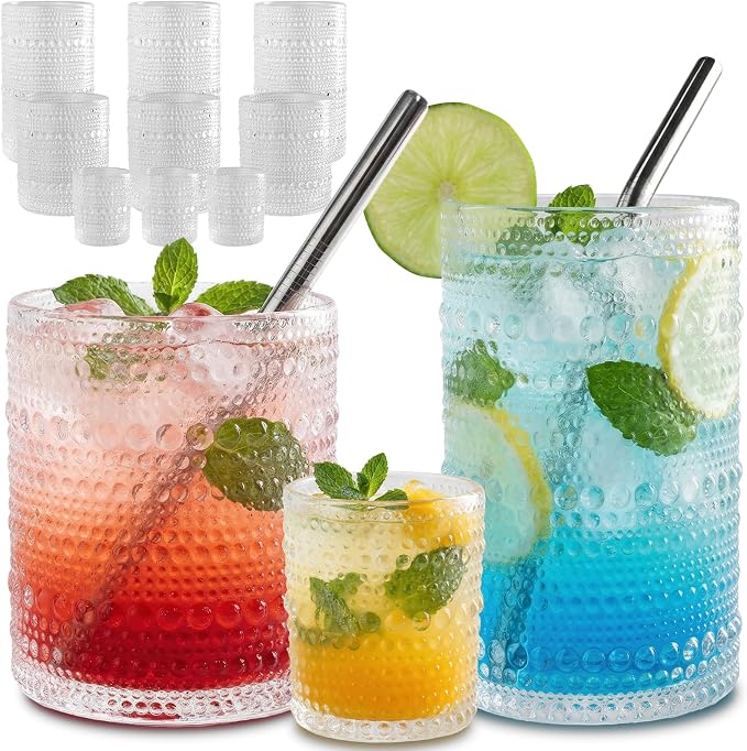 CycleMore 12Pc Vintage Hobnail Drinking Glasses, 12oz 10oz 4oz Clear Cup | Multisize Vintage Hobnail Glasses. Ideal for Juice, Cocktails, Whiskey, Smoothies & Espresso. Dishwasher Safe