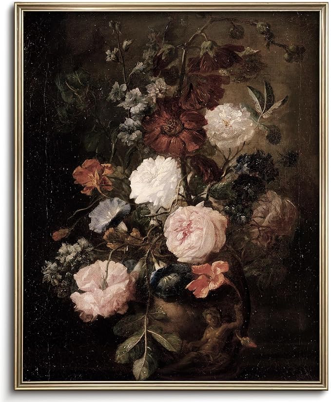Vodefoad Vintage Moody Floral Wall Art Retro Dark Flower Painting Farmhouse Wall Decor Antique Oil Painting Victorian Print for Bedroom Bathroom Living Room Decor - 8x10Inch Unframe