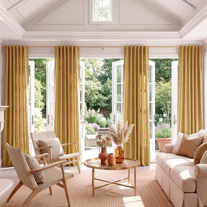 NICETOWN Gold Brown Linen Curtains 96 inch Long 2 Panels Set, 55" Wide Thick Flax Linen Blend Organic Home Decor Rod Pocket & Back Tab with Light Filtering for Bedroom/Living Room