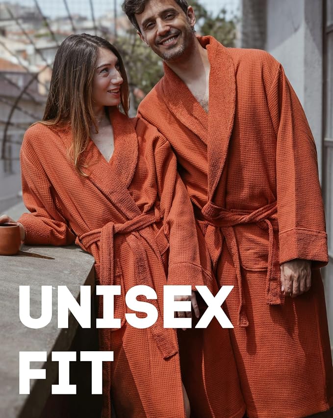 sea me at home Turkish Cotton Waffle Bathrobe, Luxury Spa Hotel Shawl Collar Robe for Women & Men, Plush Terry Inside