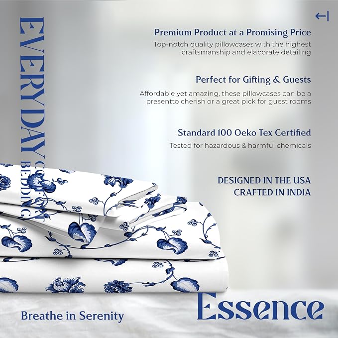 Mayfair Linen 100% Organic Cotton Printed Sheets Full Size - Percale Weave Cotton Full Size Sheet Set (4 PC, Floral Blue), Soft & Crisp, GOTS Certified, Cooling Sheets, 16" Deep Pocket
