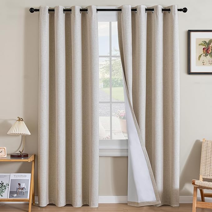 H.VERSAILTEX Linen Curtains 100% Blackout Curtains for Bedroom 120 inch Long Full Light Blocking Nature Linen Blended Window Curtains for Living Room Nickel Grommet (2 Panels, Heathered Natural)