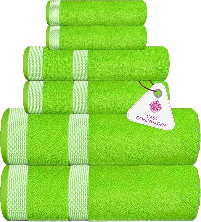 CASA COPENHAGEN Solitaire 6Pcs 100% Egyptian Cotton Large Designer Towels Gift Set- Lime Green, 600GSM, 2Bath 2Hand 2Washcloths, Bath Towels for Bathroom Set for Women & Men