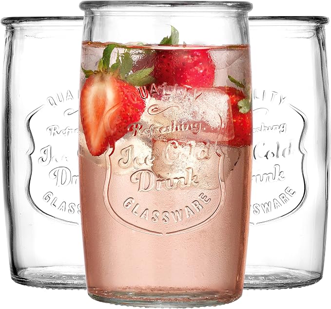Glaver's Drinking Glasses Set of 4, Vintage Italian Style – Elegant 20 Oz Clear Tumbler Glassware Set– Genuine Artisan-Made for, Refreshing Drinks, Beverages, Cocktails.