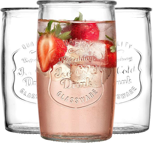 Glaver's Set of 8 Highball Glass Cups 20 OZ Stemless Tall Drinking Glasses For Everyday Use, Vintage Ice Cold Logo Tumbler Glassware for Bar, Juice, Cocktails, Beer, Water glasses.