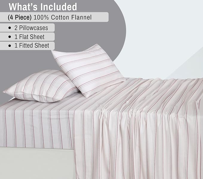 RUVANTI Flannel Sheets Full Size - 100% Cotton Double Brushed Bed Sheets Set, Deep Pockets 16 Inches, All Seasons Breathable & Extra Soft Full Sheets, Warm & Cozy, 4 Piece, Twill Stripe