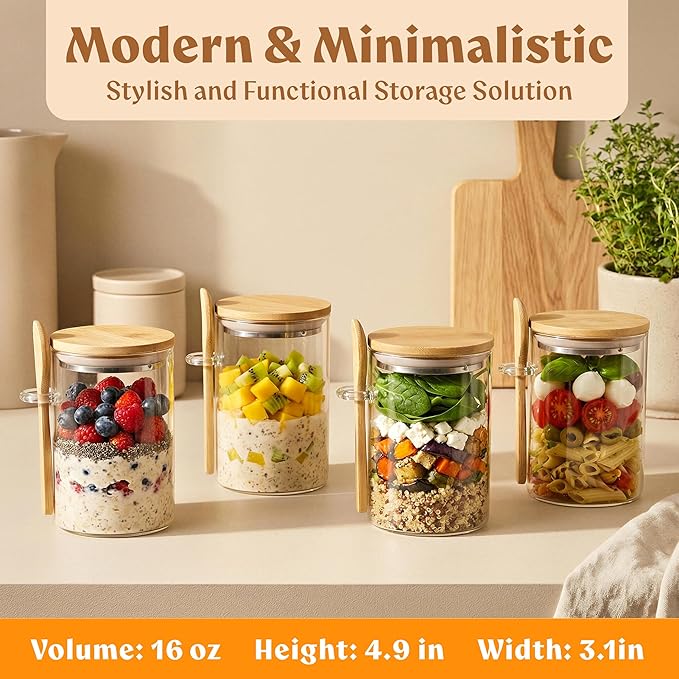 Overnight Oats Containers with Lids, Labels & Spoons (4 x 16oz) Glass Jars for Oatmeal, Meal Prep, Food Storage | Leak-Proof Mason Jars for Oats, Cereal, Yogurt, Chia Pudding [Thicker Glass 3mm]