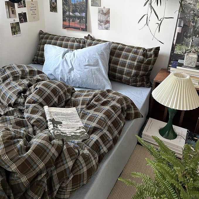 mixinni Vintage Brown & Blue Buffalo Plaid Duvet Cover Set Twin Size - 3 Piece Washed Cotton Bedding Set with Grid Pattern, Soft & Breathable Duvet Cover with Pillowcases for All Seasons
