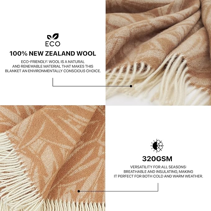 | Wool Blanket/Throw | 100% New Zealand Wool | Perfect for Home and Outdoors | Virgin Wool Blanket with Fringes 55"x79" (140 x 200 cm) (Coffee Leaves)