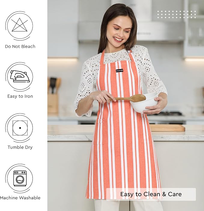 Encasa XO Cotton Kitchen Aprons for Women & Men with Pocket & Towel Loop, Adjustable Neck & Back Strap for Cooking, Baking