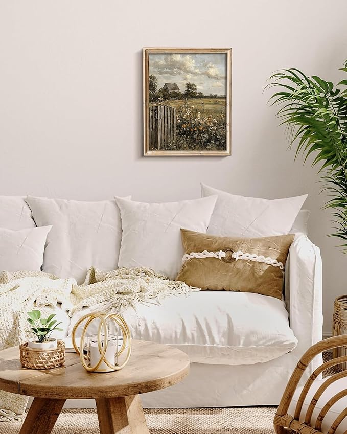 Vodefoad Vintage Farmhouse Wall Art,Cottagecore Landscape Wall Art, Rural Wildflower and Meadow Painting, Moody French Countryside Canvas Print for Gallery Home Bedroom Farmhouse Bedroom, or Moody Wall Art Lovers - 8x10Inch Unframe