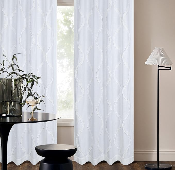 Bedding Craft White Farmhouse Tab Top Curtains 96 Inch Long – Set of 2 Cotton Semi Sheer Light Filtering Drapes with Frill Trim, Rustic Boho Window Curtains for Living Room Bedroom
