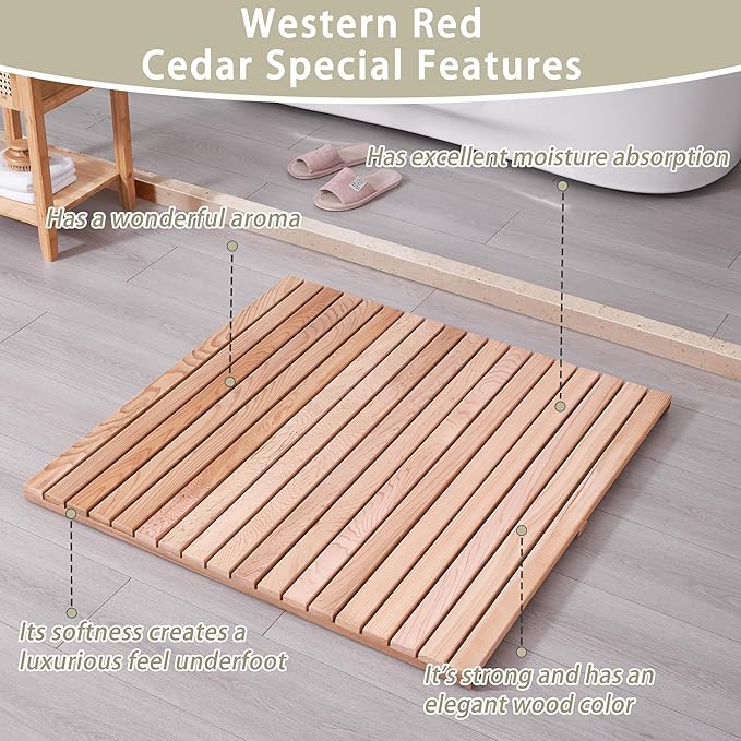 bingaai Cedar Wood Shower Mat 36" × 36" Square, Cedar Wooden Bath Mats, Wood Bath Mat for Inside or Outside Shower, Cedar Sauna Floor Mat Large,Non-Slip Shower Platform