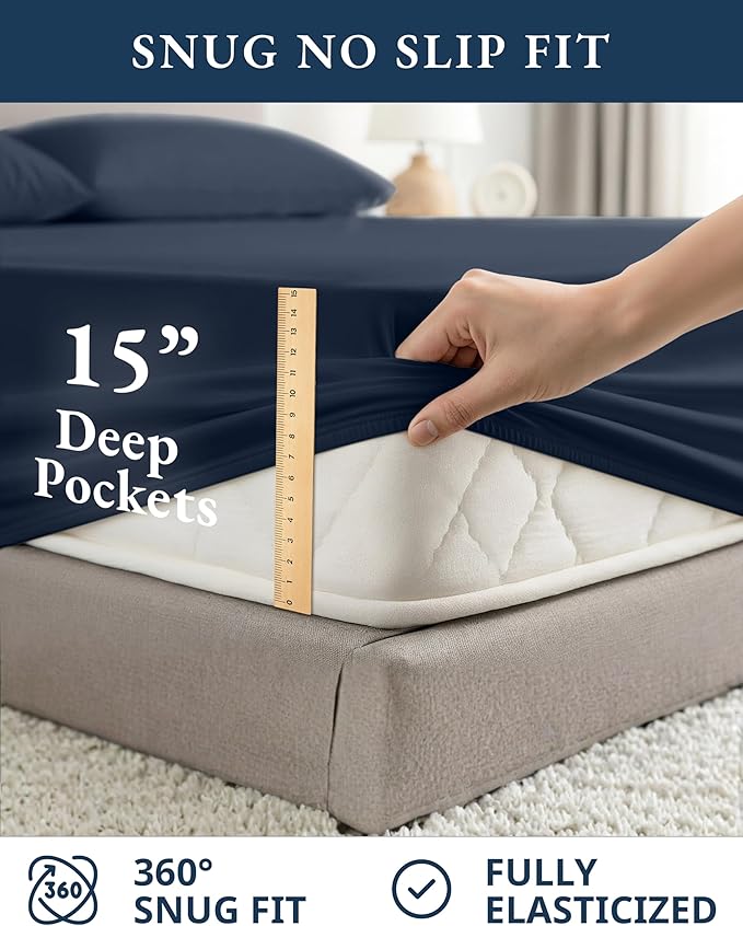 LANE LINEN 100% Organic Cotton California King Bed Sheets, 4-Piece Pure Percale Sheets Soft Breathable Cotton Bed Sheets, Deep Cal King Sheets for Thick Mattress - Navy
