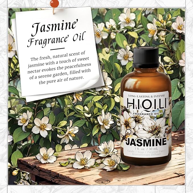 HIQILI Jasmine Fragrance Oil for Women Perfume Making, Skin Care - 1 Fl Oz | Suitable for Aromatherapy Diffuser, Long-Lasting Floral Scent, DIY Candle & Soap, Laundry Essential Oil
