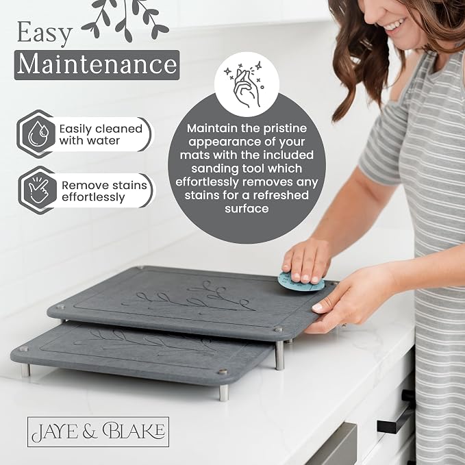 2 PCs Nesting Stone Dish Drying Mats for Kitchen Counter - Absorbent Quick Drying Diatomaceous Earth Stone Drying Mat with Non-Slip Feet - Heat Resistant & Odorless Dish Drying Stone Mat - Dark Gray
