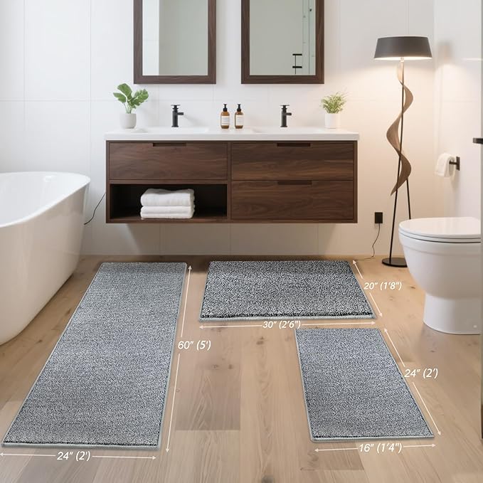 HDFK Bath Mat Non Slip 24x16 Inches Bathroom Rugs 2 Tone Soft Chenille Medium Pile TPR Backing | Absorbency Solid Black White | Shower Rug for Sink Area Wet Dry Transition Stain Resistant Decor