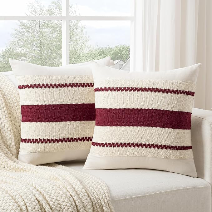 Fancy Homi Set of 2 Burgundy Boho Big Decorative Throw Pillow Covers 24x24 Inch for Couch Bed Sofa, Aesthetic Modern Farmhouse Christmas Room Decor, Soft Cotton Textured Wind Red Cushion Case