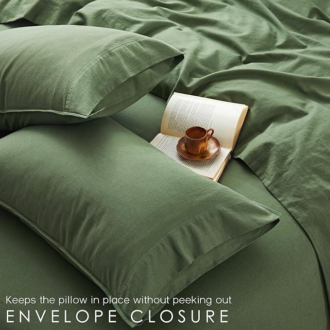 4Pcs Organic Linen Sheets Queen Size, 100% French Linen from Normandy, Breathable Forest Green Queen Sheet Set with 16 Inch Deep Pocket, 1 Flat Sheet, 1 Fitted Sheet, 2 Pillowcases