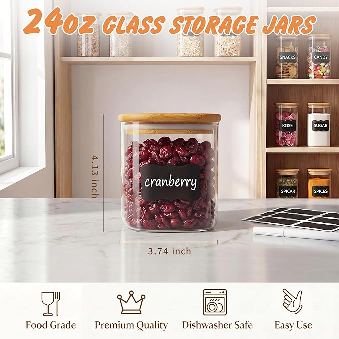 SENTVEND 24 Oz Glass Storage Jars with Bamboo Lids - 6 Pack Clear Glass Canisters Square Airtight Stackable Ideal for Pantry Storage Containers Organizers Great for Storing Oats Coffee Beans Nuts etc