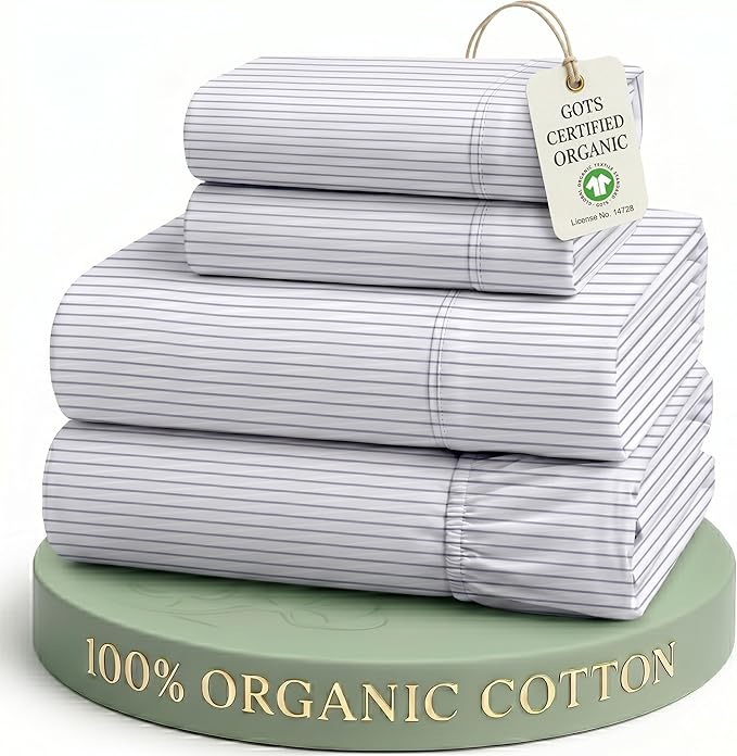 LANE LINEN 100% Organic Cotton Sheet Sets Queen Size, 4Pc Queen Size Cotton Sheets, Hotel Style Sheets, Bedding Sheets & Pillowcases, Queen Sheet Sets Deep Pockets Fits Upto 15" - Blue Ticking Stripe | Queen Sheets In Organic Cotton Percale - Breathabl...
