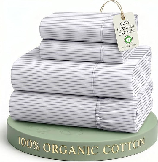 LANE LINEN 100% Organic Cotton Sheet Sets Queen Size, 4Pc Queen Size Cotton Sheets, Hotel Style Sheets, Bedding Sheets & Pillowcases, Queen Sheet Sets Deep Pockets Fits Upto 15" - Blue Ticking Stripe | Queen Sheets In Organic Cotton Percale - Breathabl...