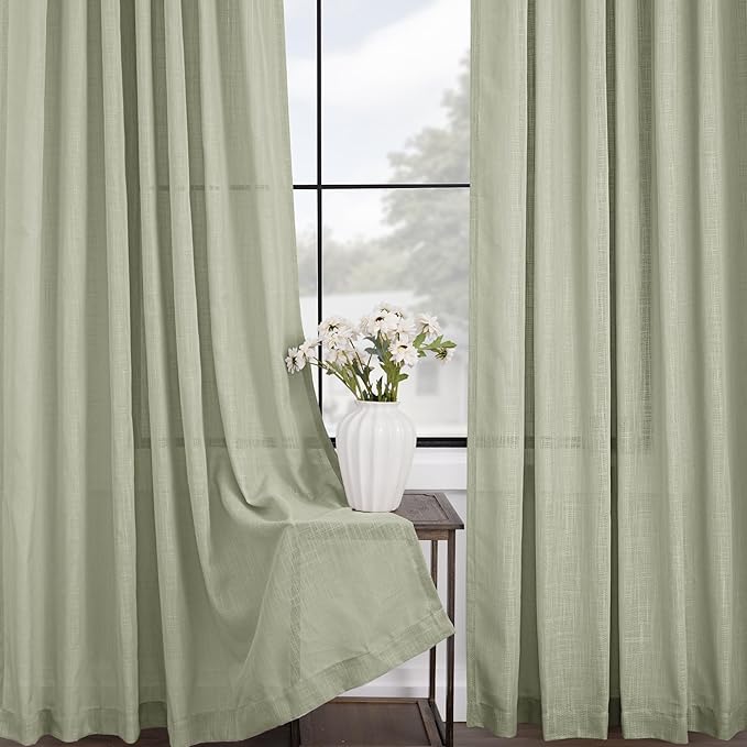Linen Blend Sage Green Curtains 45 inch Length 2 Panels for Bedroom Back Tab Light Filtering Semi Sheer Drapes Linen Cotton Textured Light Green Airy Modern Farmhouse Living Room Sage Aesthetic Decor