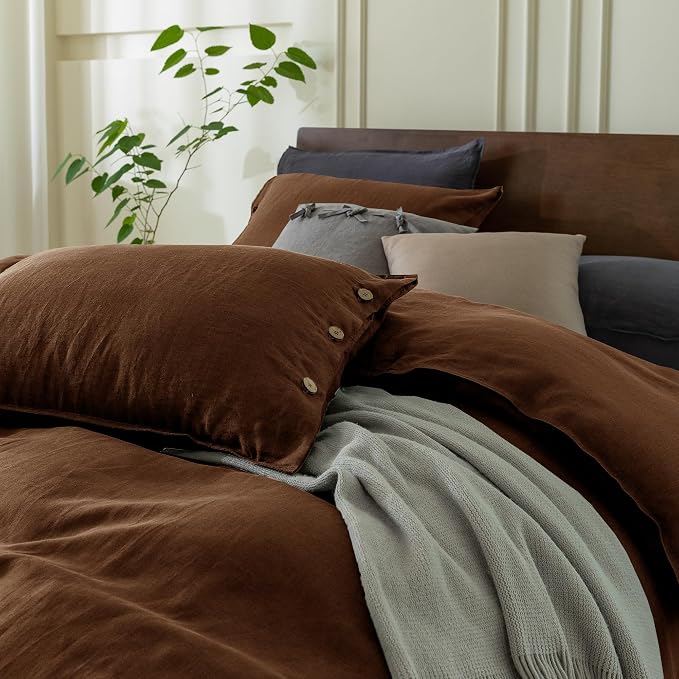 EVERLY 100% Pure Linen Duvet Cover Set California King Size 104X98Inch 3pcs(1 Duvet Cover,2 Pillowcases) Soft and Breathable All Season with Coconut Button Closure Suitable for Hot Sleepers-Chocolate