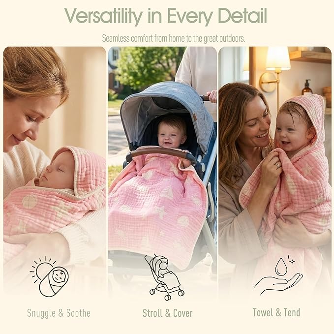 Ultra-Soft Muslin Baby Hooded Towel - 32 x 32 Inches, Ideal for Bath & Beach, Suitable for Both Boys & Girls from Newborns to Toddlers