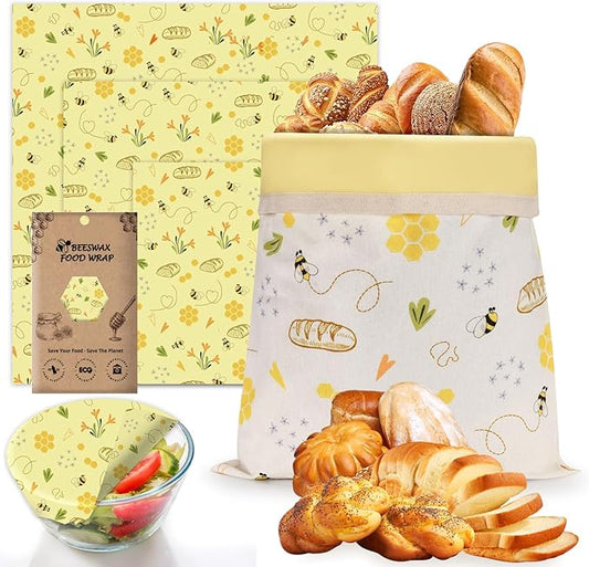 Beeswax Bread Bags & Beeswax Food Wraps Set, Reusable Natural Cotton Food Storage Bag for Sourdough, Wraps for Food (S,M,L), Sustainable,Organic, Moisture Lock& Freshness Preservation