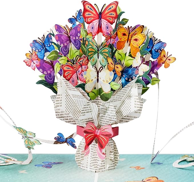 Paper Love Frndly, Butterflies Bouquet 3D Pop Up Card, For All Occasion, Mothers Day, Love, Thank You, Just Because -100% Recycled and Eco-Friendly, Handmade, 8" x 6" Cover -with Removable Note Tag