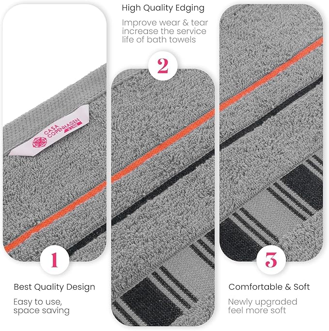 CASA COPENHAGEN X Line 2Pcs 100% Egyptian Cotton Large Designer Bathsheet Towels Gift Set- Grey - Red, 600GSM, 35"x70" 2Bath Sheet Towels for Bathroom Set for Women & Men