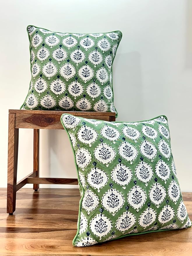 ATOSII Block Print Throw Pillow Covers, 18 X 18 - Set of 2, Decorative Couch Pillows for Living Room Bed Sofa, 100% Cotton Canvas Pillow Case for Home Decor & Outdoors, Preppy Throws - Kari Green