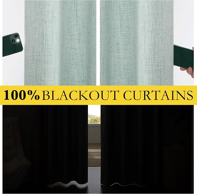 NICETOWN Seafoam Green 100% Blackout Back Tab Curtains 84" Long 2 Panels, Boho-Chic Thick Linen Blend Drapes, Thermal Insulated Window Draperies with White Backing for Living Room (42" Wide)